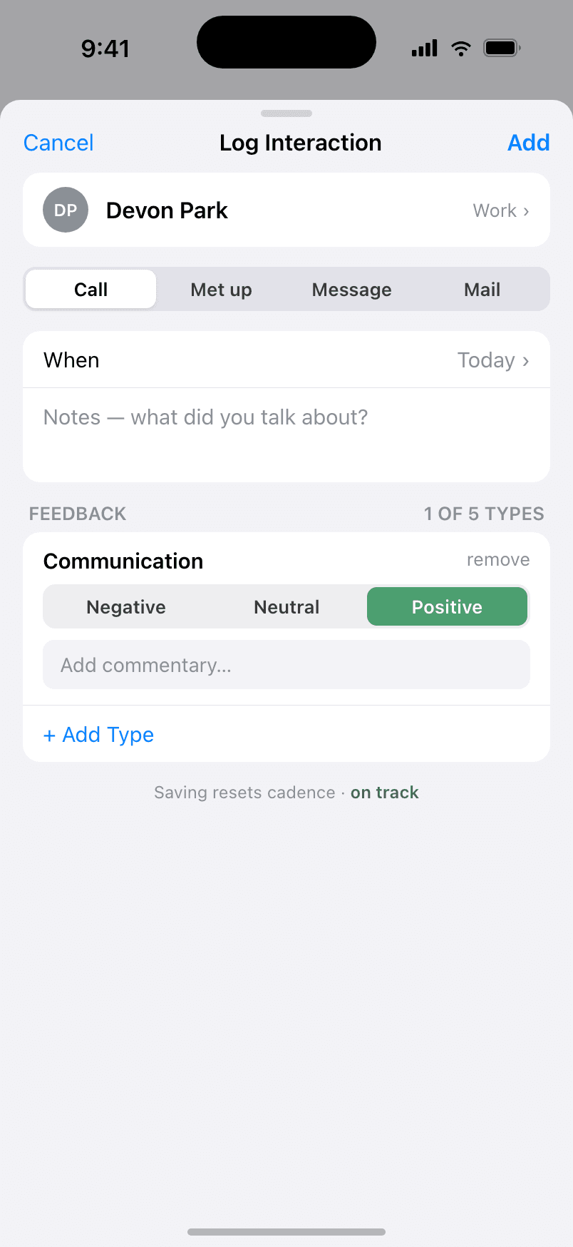 Kindred Log Interaction sheet with call type, notes, and a Communication feedback rating set to positive