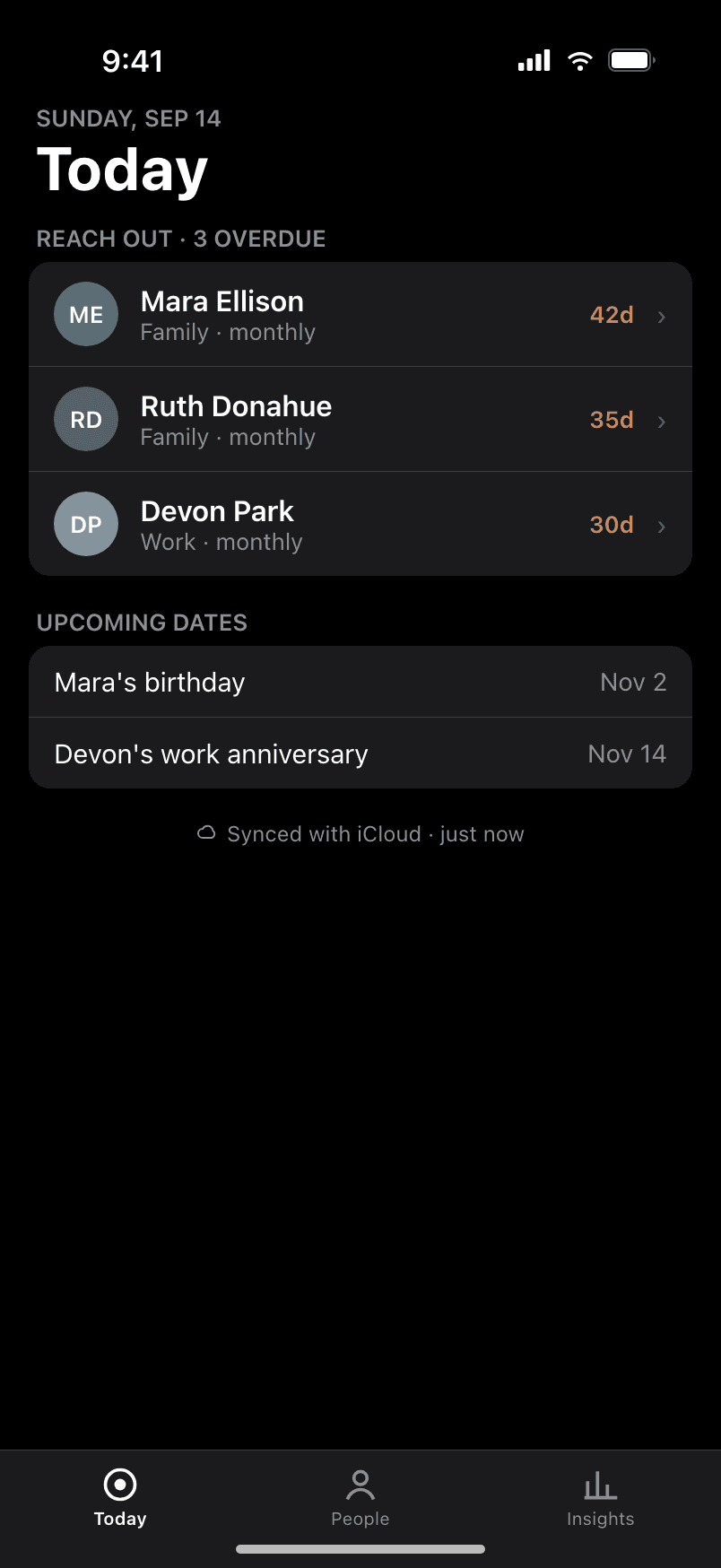Kindred Today screen in dark mode