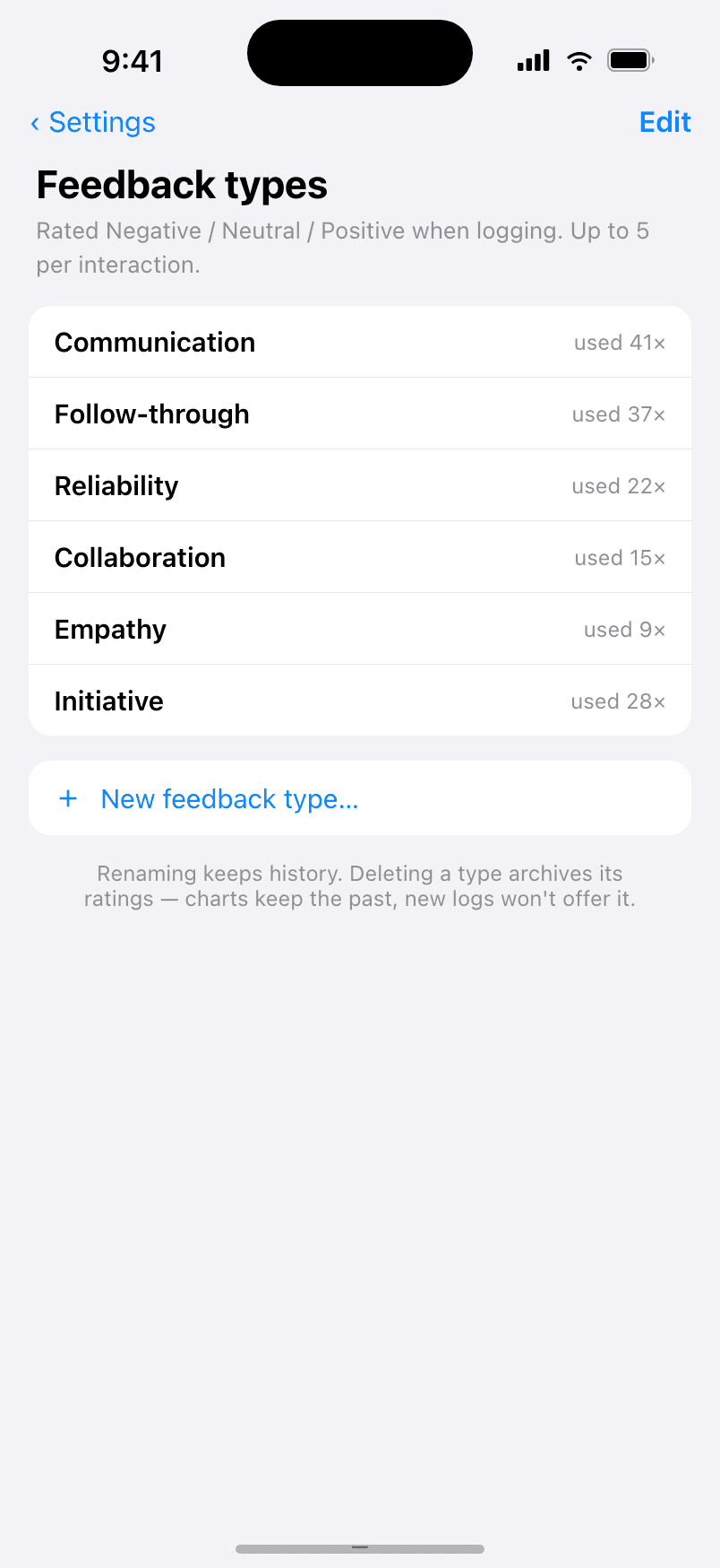 Kindred settings screen for managing feedback types